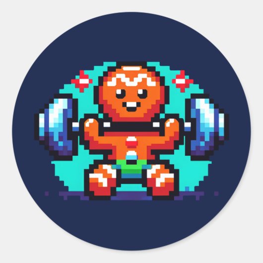 Strong Gingerbread Man - Funny Pixel Art Holiday Ronde Sticker (Voorkant)