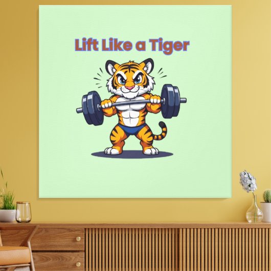 **Strong Tiger – Cute Tiger Lifting Weights Illust Canvas Afdruk (Insitu (Woonkamer))
