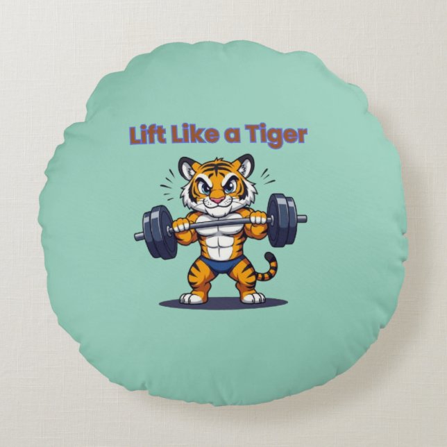 **Strong Tiger – Cute Tiger Lifting Weights Illust Rond Kussen (Voorkant)