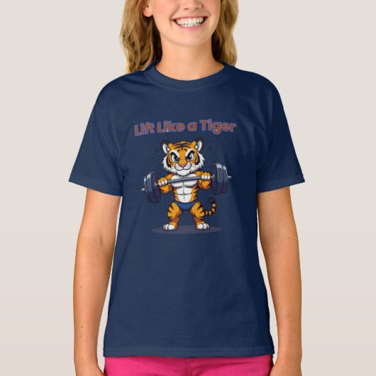 **Strong Tiger – Cute Tiger Lifting Weights Illust T-shirt (Voorkant)