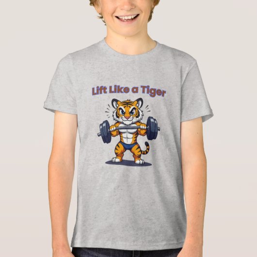 **Strong Tiger – Cute Tiger Lifting Weights Illust Tri-Blend Shirt (Voorkant)