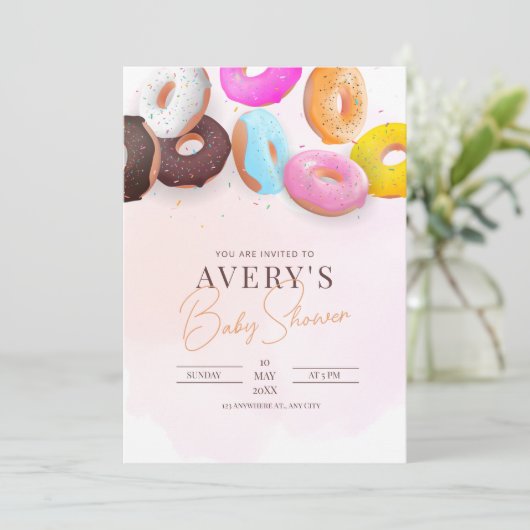 Strooi Donuts Baby shower Roze Meisje Baby shower Kaart (Staand voorkant)