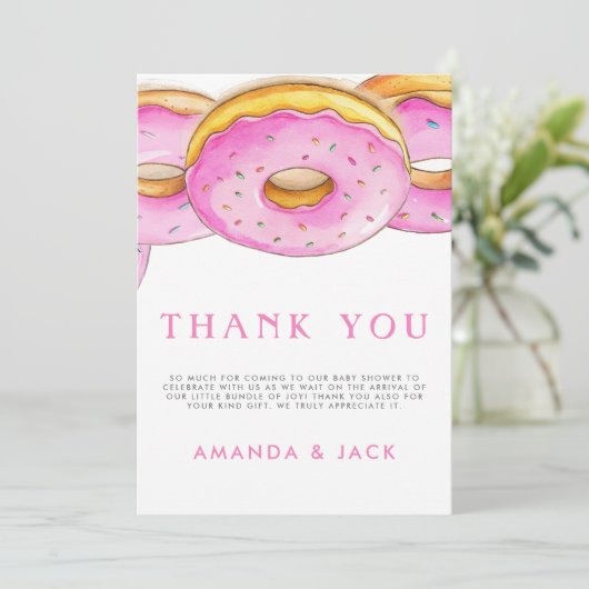 Strooi Donuts Waterverf Roze Baby shower Bedankkaart (Staand voorkant)