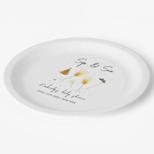 Strooi Sip en zie Champagneglas Baby shower Papieren Bordje (Gekanteld)