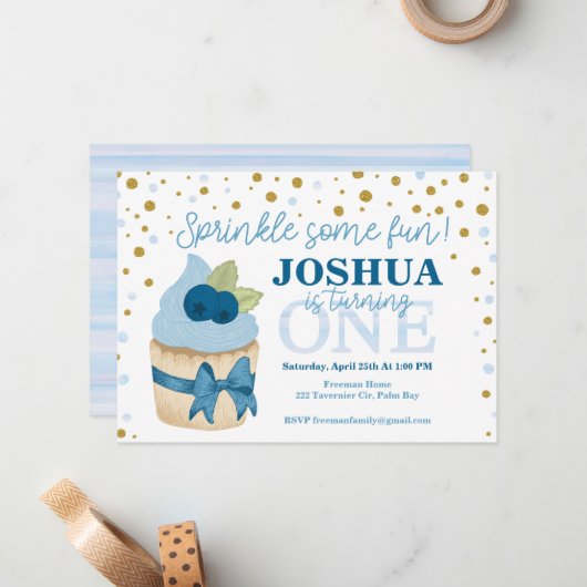 Strooi wat leuke 1e verjaardag uitnodiging (Voorkant / Achterkant in situ)