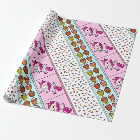 Strooien, Eenhoorns en Cupcakes Gift Wrap Cadeaupapier (Uitgerold)