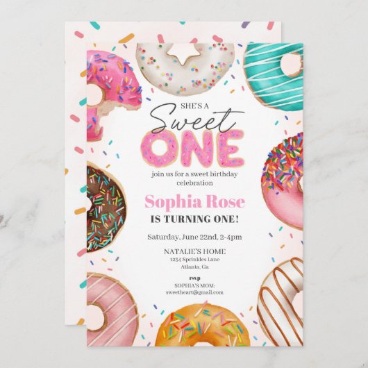 Strook Donut Sweet ONE 1e verjaardagsfeestje Kaart (Voorkant / Achterkant)