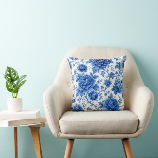 Stroom Blauwe Bloemen Rozen Pioenrozen Kobaltblauw Kussen