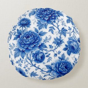 Stroom Blauwe Bloemen Rozen Pioenrozen Kobaltblauw Rond Kussen