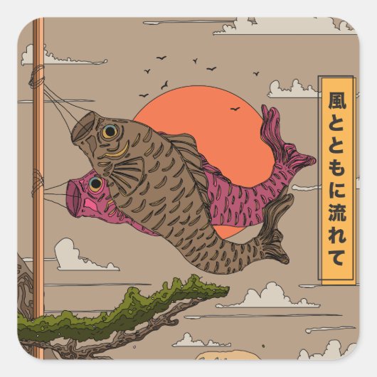 Stroom met de wind Koinobori Vierkante Sticker (Voorkant)