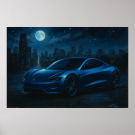 Stroomlijn Elektrische Auto Onder Volle Maan Poster