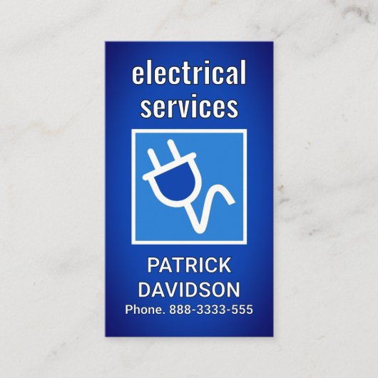 Stroomstekker op blauw vignet visitekaartje (Voorkant)
