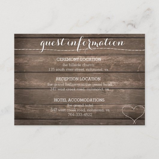 Stropdas de Knot Rustic Wood Wedding Information C Informatiekaartje (Voorkant)