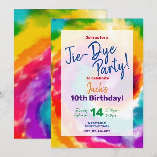 Stropdas-Dye Colorful Fun Birthday Invitation Kaart (Voorkant / Achterkant)