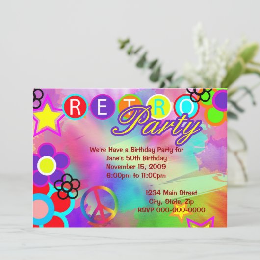 Stropdas-Dye Retro verjaardagsuitnodiging Kaart (Staand voorkant)