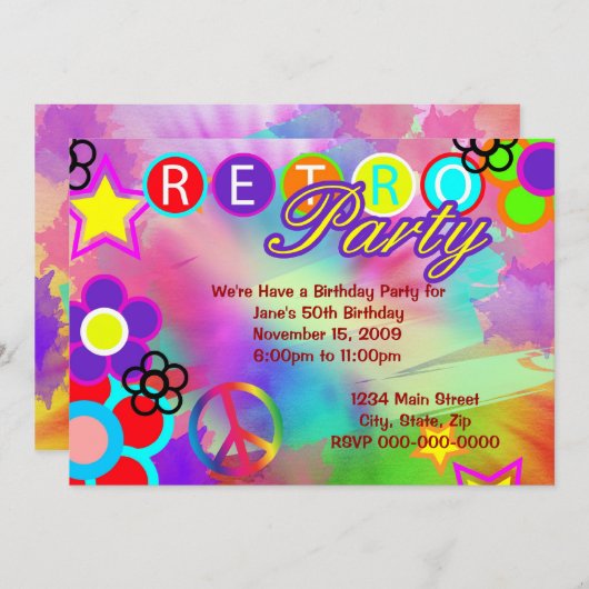 Stropdas-Dye Retro verjaardagsuitnodiging Kaart (Voorkant / Achterkant)