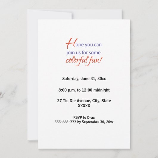 Stropdas-Dye Theme Party Invitation Kaart (Achterkant)