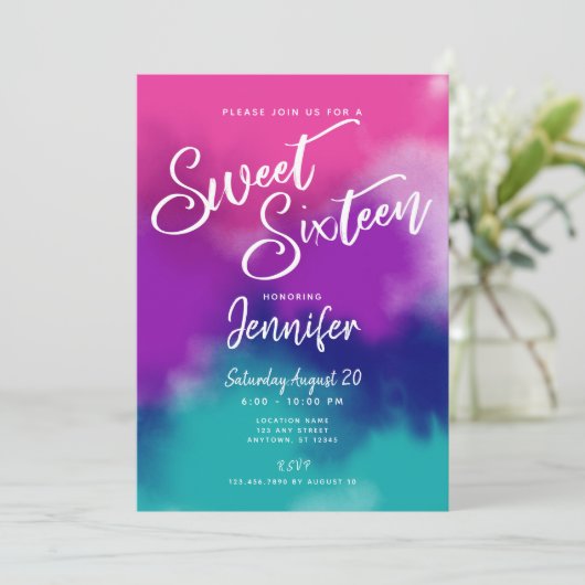 Stropdas-Dye Waterverf Roze Paarse Sweet 16 Verjaa Kaart (Staand voorkant)