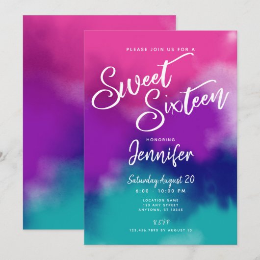 Stropdas-Dye Waterverf Roze Paarse Sweet 16 Verjaa Kaart (Voorkant / Achterkant)