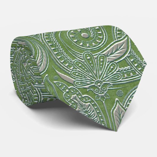 Stropdas Groen en Zilver Paisley & Flowers Pattern (Opgerold)