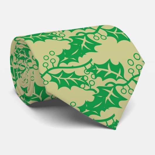 Stropdas - Groene Holly op beige achtergrond (Opgerold)