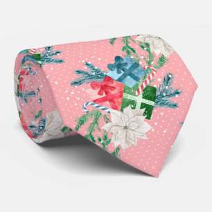 Stropdas met kerstwitte poinsettia en cadeaudozen