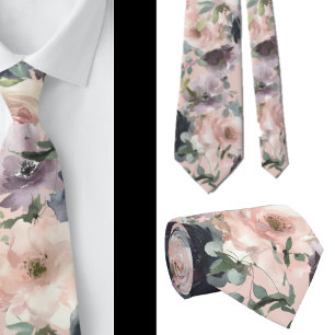Stropdas van Navy Blue en Pink Mauve Flowers Flora