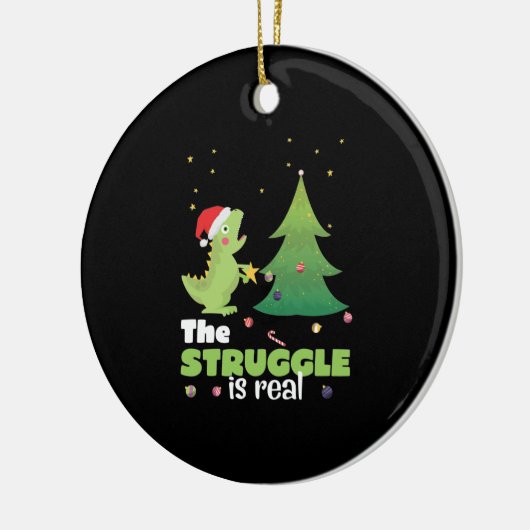 Struggle is een echte dinosaurus kerstboom keramisch ornament (Links)