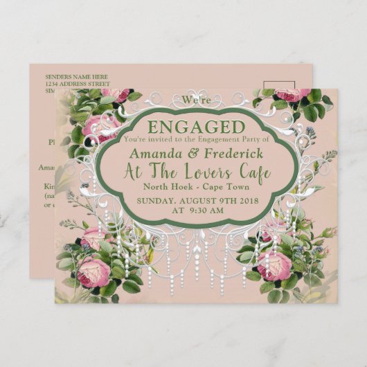 Struik Garden Green - Zacht roze rozen Verloving Uitnodiging Briefkaart (Voorkant / Achterkant)