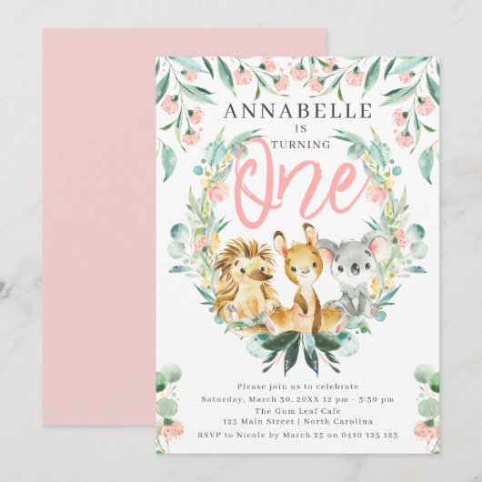 Struik Safari 1st Girl Birthday Kaart (Voorkant / Achterkant)