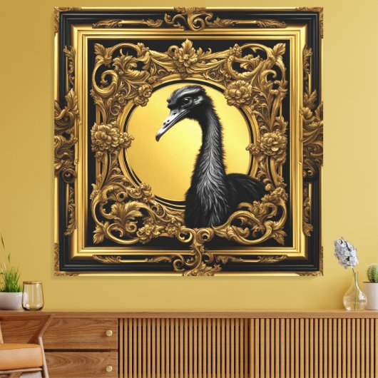Struisvogel goud ornamentaal lijst canvas afdruk (Insitu (Woonkamer))