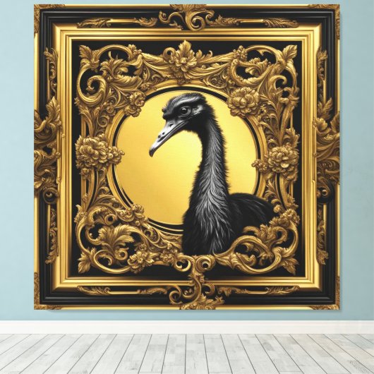 Struisvogel goud ornamentaal lijst canvas afdruk (Insitu (Houten vloer))