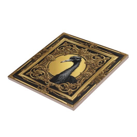 Struisvogel goud ornamentaal lijst tegeltje (Zijkant)