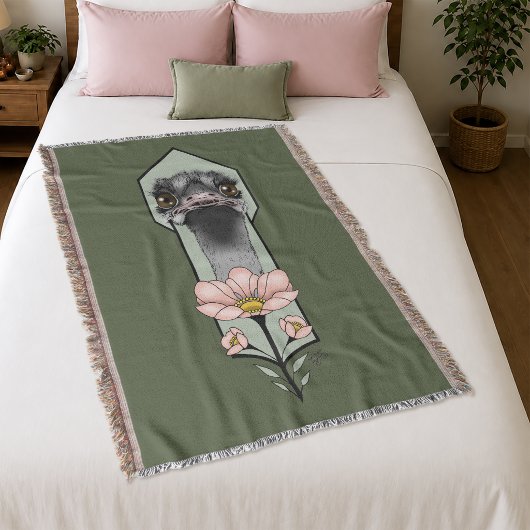 Struisvogel Roze  Bloemen Olijfgroen Art Deco Deken