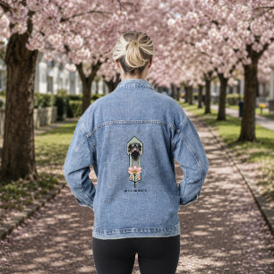 Struisvogel Roze Bloemen Olijfgroen Art Deco Denim Jacket