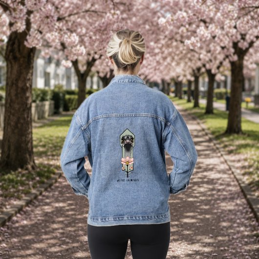 Struisvogel Roze Bloemen Olijfgroen Art Deco Denim Jacket