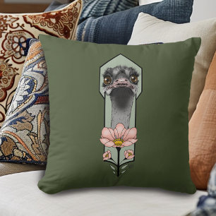 Struisvogel Roze  Bloemen Olijfgroen Art Deco Kussen