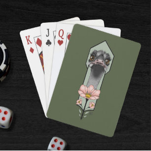 Struisvogel Roze Bloemen Olijfgroen Art Deco Pokerkaarten