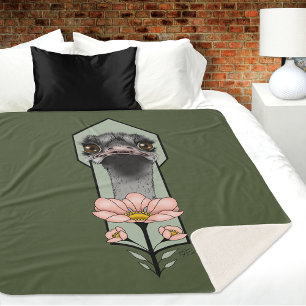 Struisvogel Roze Bloemen Olijfgroen Art Deco Sherpa Deken
