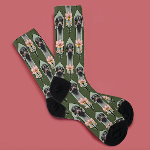 Struisvogel Roze Bloemen Olijfgroen Art Deco Sokken