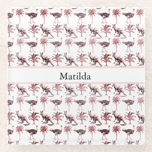 Struisvogels en kangoeroes, aanpasbaar glazen onderzetter (Voorkant)