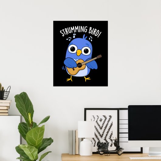 Strumming Bird Grappig Dier Pun Donker BG Poster (Thuiskantoor)