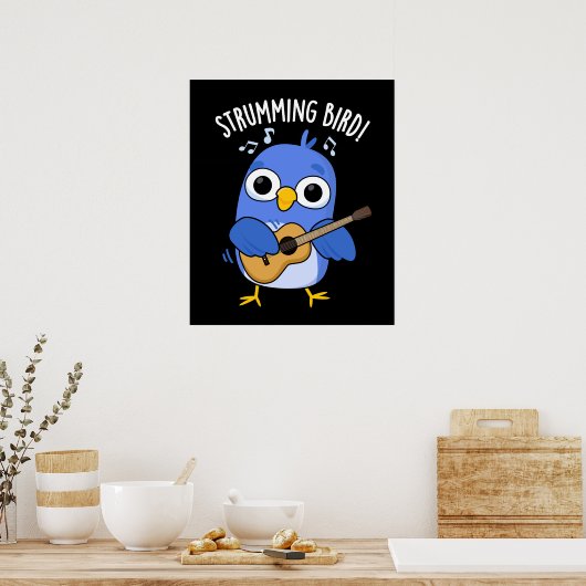 Strumming Bird Grappig Dier Pun Donker BG Poster (Keuken)