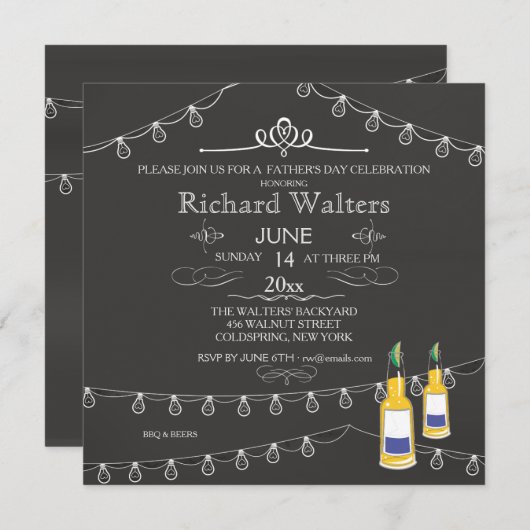 Strung lights en Beer Vaderdag Invitation Kaart (Voorkant / Achterkant)