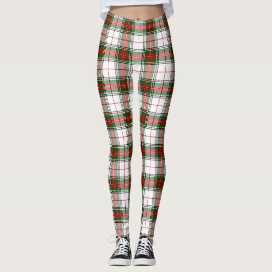 Stuart/Stewart tartan witte rode groene vlecht Leggings (Voorkant)
