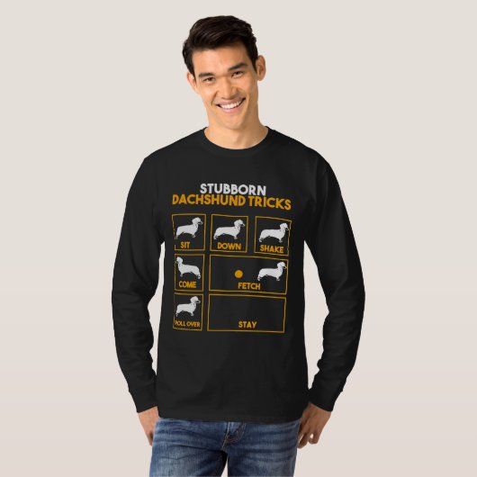 Stubbon Dachshund Tricks T-shirt (Voorkant volledig)