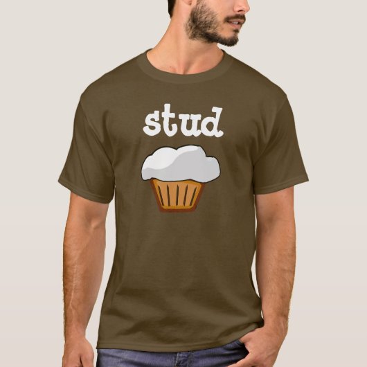 Stud Muffin, Chocolate Brown en White Funny Shirt (Voorkant)
