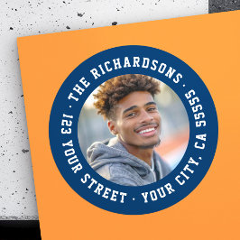 Student afstuderen foto donkerblauw retouradres ronde sticker