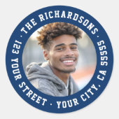 Student afstuderen foto donkerblauw retouradres ronde sticker (Voorkant)