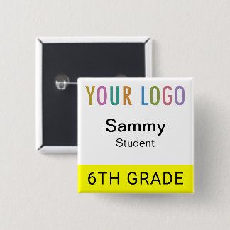 Student Naambordje Knop met School Logo Geel Vierkante Button 5,1 Cm